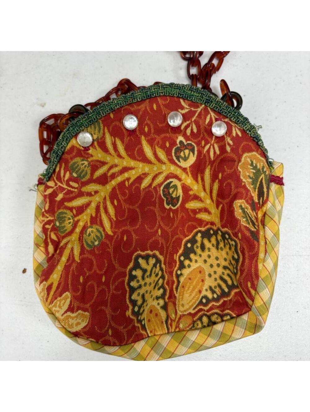 Vintage Handmade Fabric Purse Red Yellow Floral Pattern Tortoiseshell Chain - Picture 5 of 7